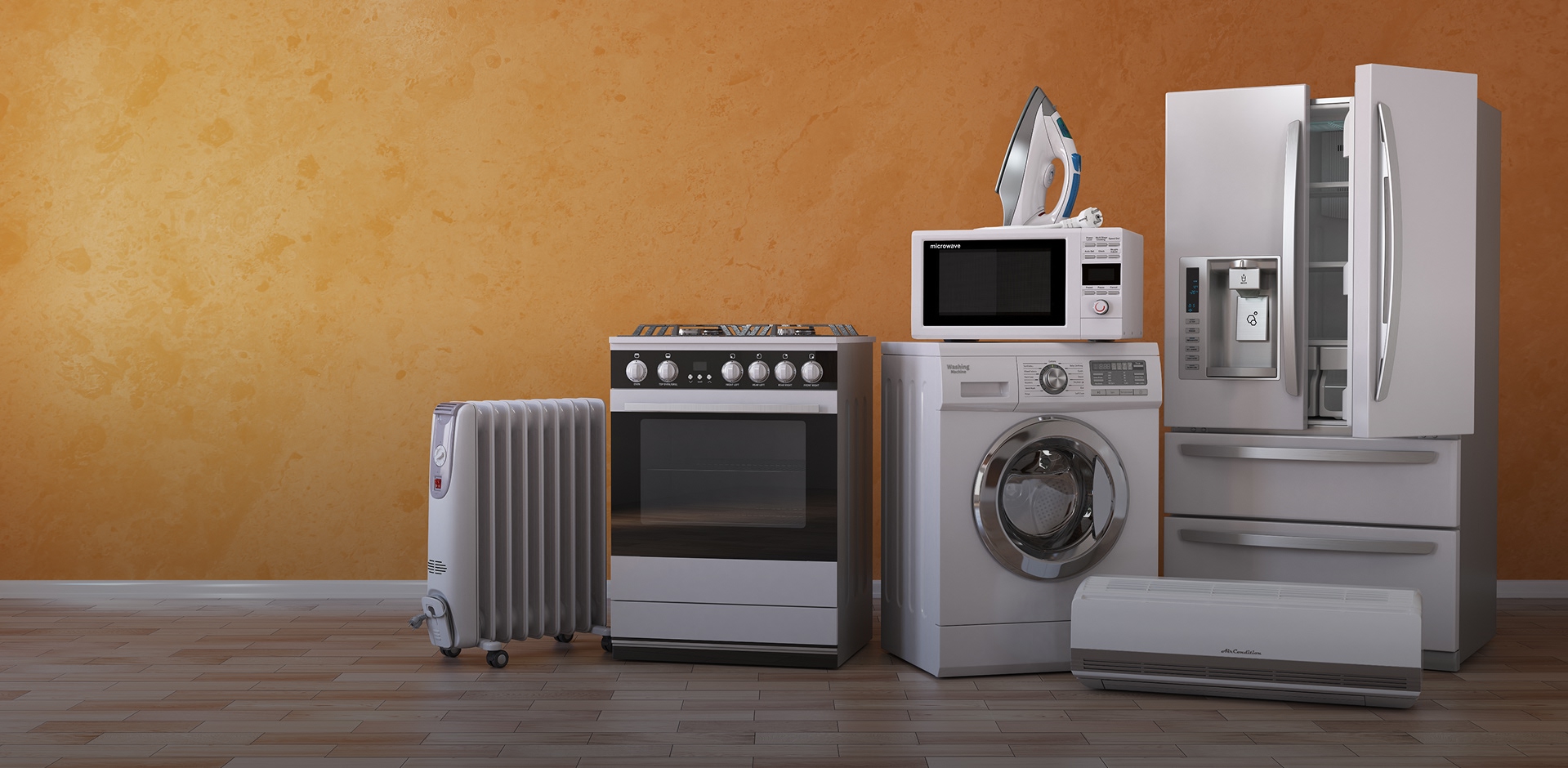 Home appliance products including refrigerators, washers, ovens, and microwaves used in modern domestic applications.