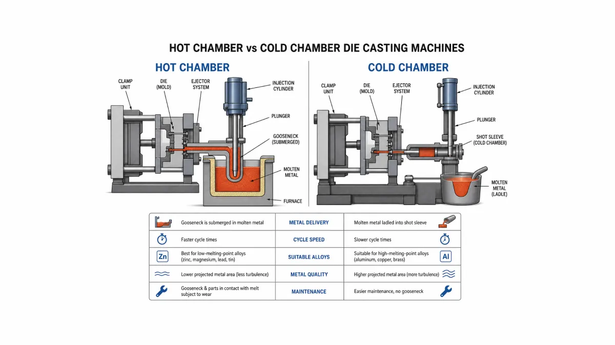 Diagram comparing hot chamber and cold chamber die casting processes for zinc alloys, showing gooseneck injection vs separate shot sleeve injection