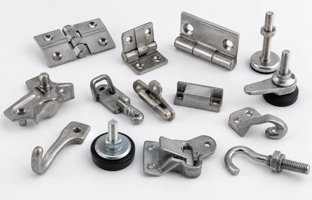 Typical Zamak 5 die cast parts including refrigerator door hinges, door hooks and levelling feet with plated finishes