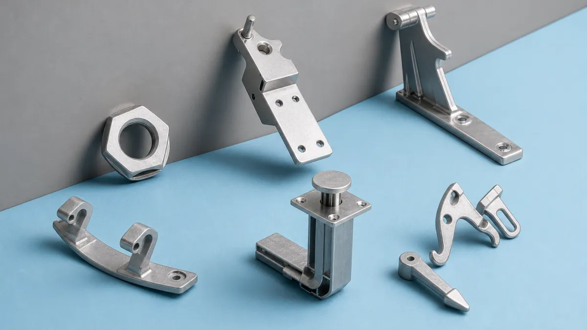 Collection of typical Zamak 3 die cast parts including chrome-plated hinges, leveling feet, and precision hardware components