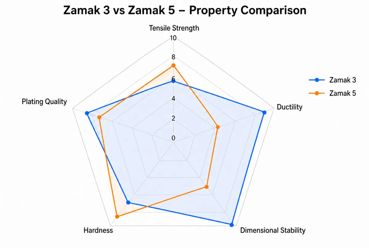 Radar chart comparing Zamak 3 and Zamak 5 across five key properties: tensile strength, ductility, dimensional stability, hardness, and plating quality