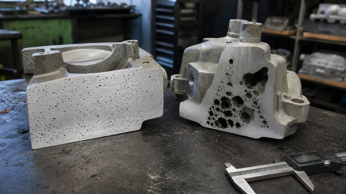 Cross-section samples comparing gas porosity pinholes and shrinkage voids in an aluminum die casting