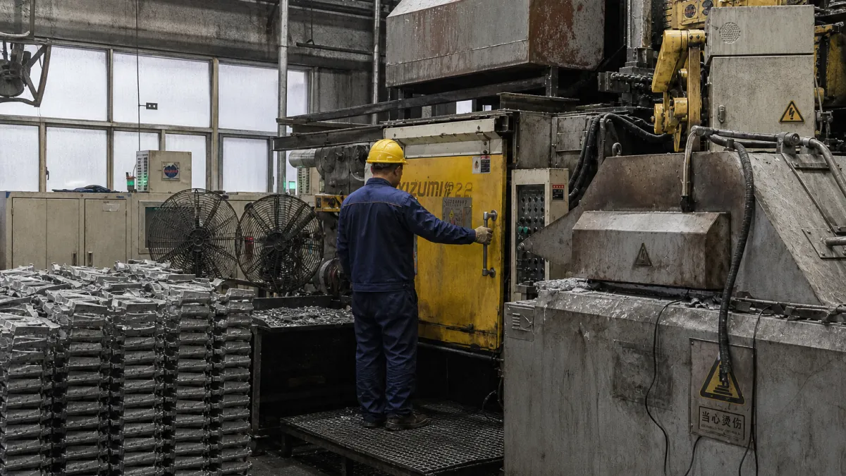 Die casting mold mounted on a die casting machine during mold trial