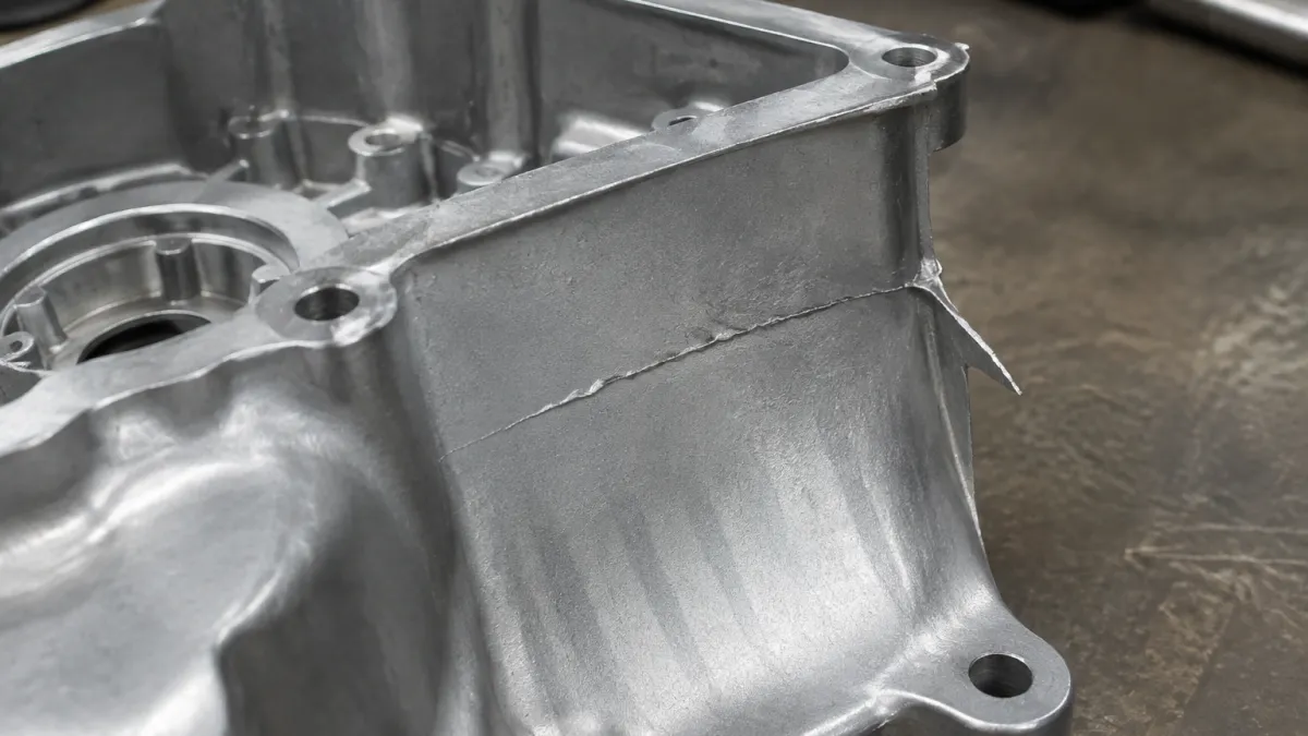 Surface die casting defects including cold shut, flash, and flow marks on an aluminum housing