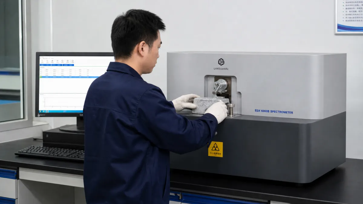 Operator verifying aluminum alloy composition with an optical emission spectrometer in a quality lab