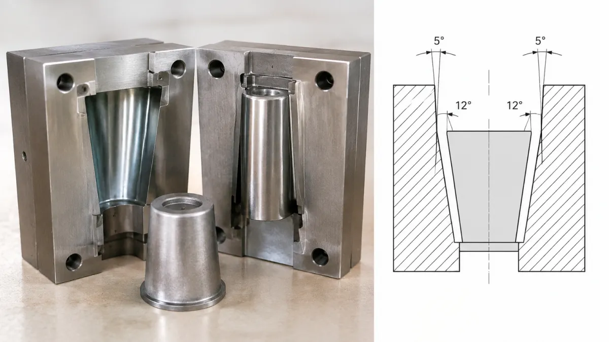 Draft angle diagram showing outer wall and inner cavity taper on a die cast part