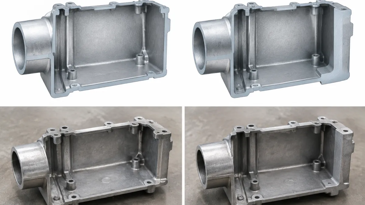 Diagram comparing uniform versus uneven wall thickness in an aluminum die casting section