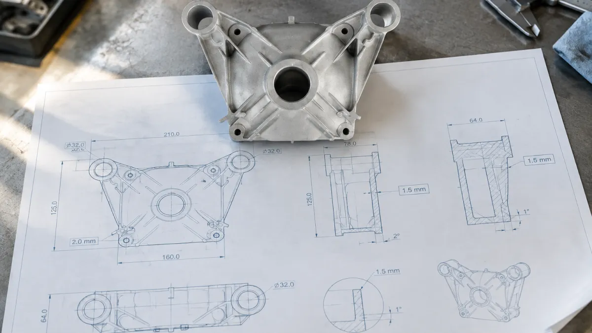 Aluminum die cast housing on an engineering drawing with wall thickness and draft angle callouts