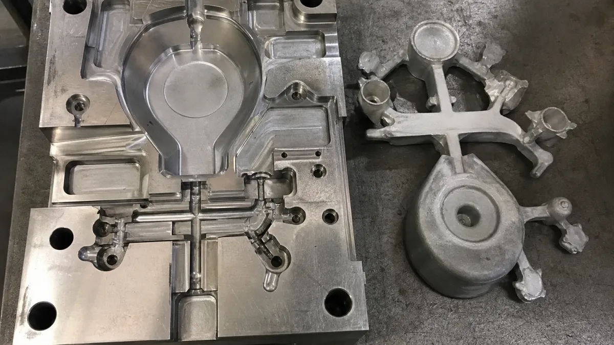 Gating, runner, and overflow layout on a die casting mold cavity insert