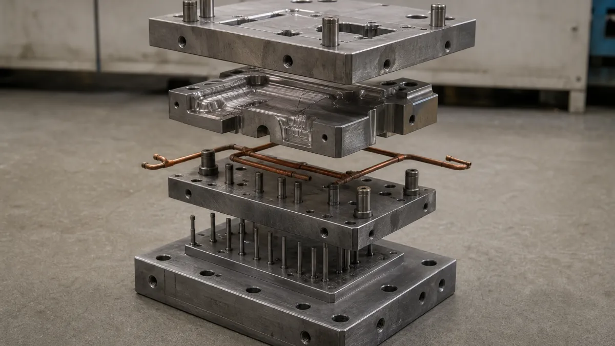 Cross-section of die casting mold showing cavity, core inserts, runner, cooling channels, and ejector pins
