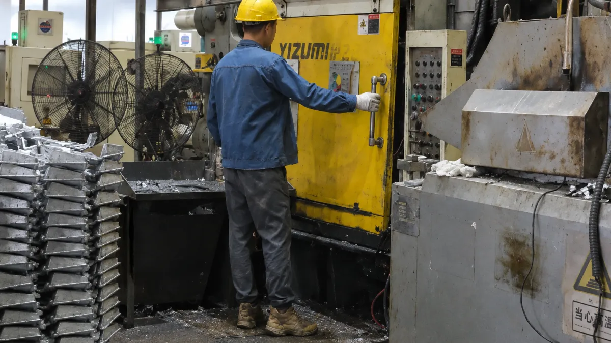 Operator running an aluminum cold chamber die casting machine
