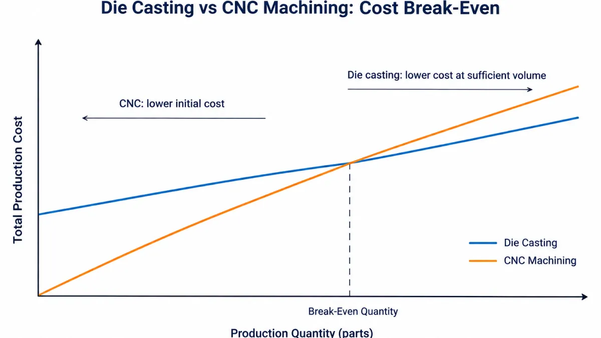 Break-even cost curves for die casting vs CNC machining