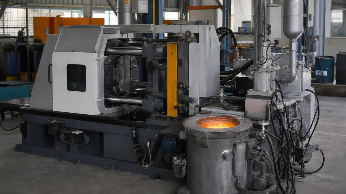 Hot chamber die casting machine with an integrated melting pot in a workshop