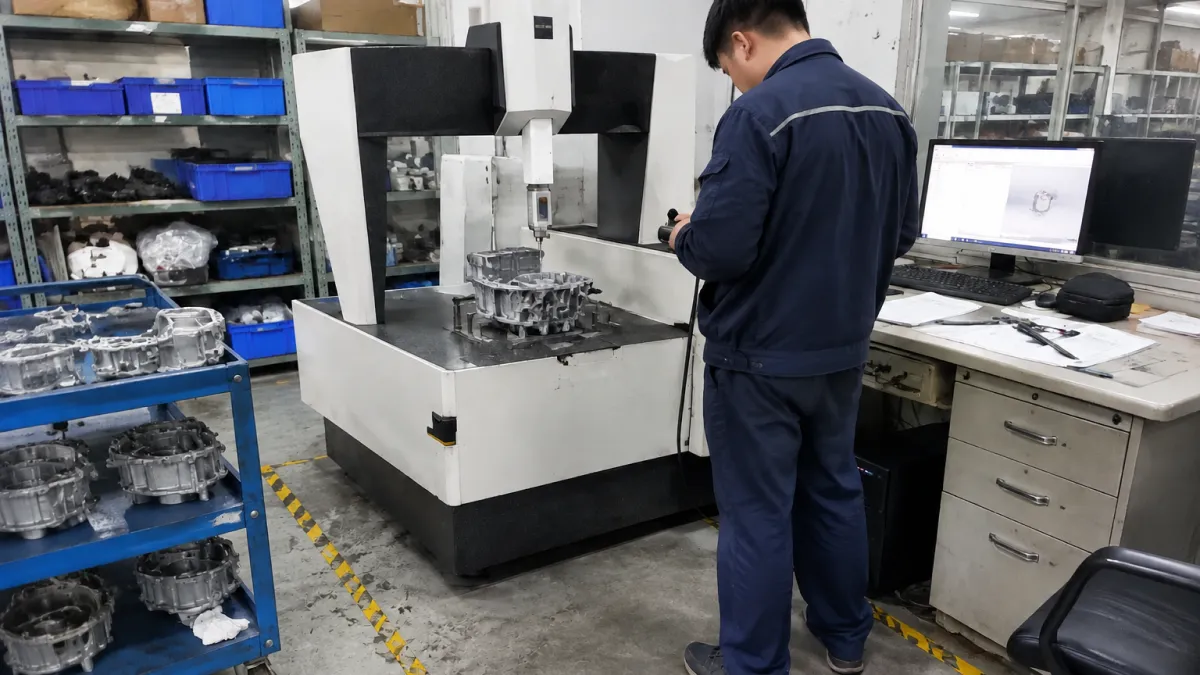 Zeiss CMM measuring an aluminum die cast housing in a quality laboratory
