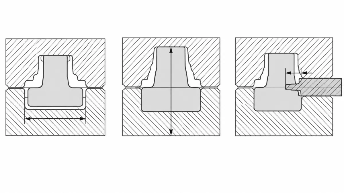 Diagram of die casting features in one die half, across the parting line, and formed by moving cores