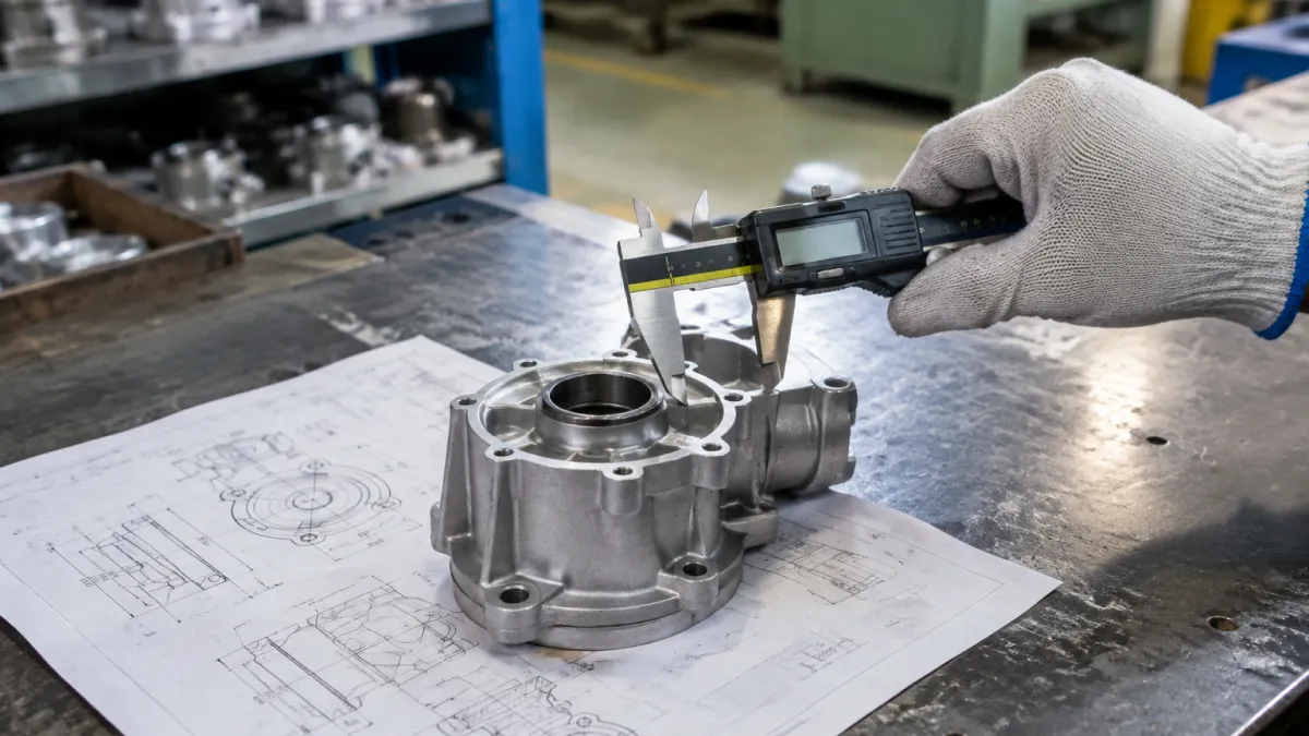 Measuring an aluminum die casting with a digital caliper against engineering drawings